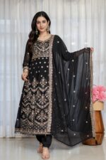 Black Color Faux Blooming Fabric Sequence With Jari Thread Work Anarkali Suit