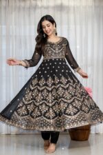 Black Color Faux Blooming Fabric Sequence With Jari Thread Work Anarkali Suit