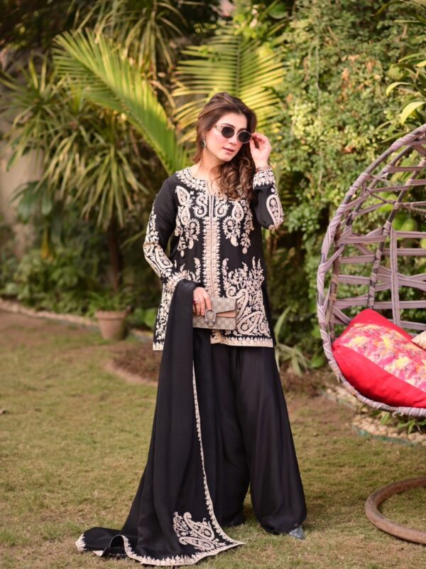 Black Color Faux Georgette Fabric Cross Stitch Embroidery Work Palazzo Suit