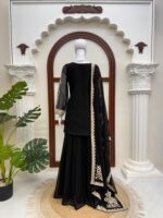 Black Color Faux Georgette Fabric Cross Stitch Embroidery Work Palazzo Suit