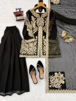 Black Color Faux Georgette Fabric Cross Stitch Embroidery Work Palazzo Suit