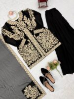 Black Color Faux Georgette Fabric Cross Stitch Embroidery Work Palazzo Suit