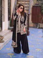 Black Color Faux Georgette Fabric Cross Stitch Embroidery Work Palazzo Suit