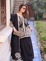 Black Color Faux Georgette Fabric Cross Stitch Embroidery Work Palazzo Suit