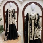 Black Color Faux Georgette Fabric Cross Stitch Embroidery Work Palazzo Suit