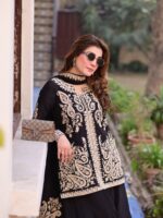 Black Color Faux Georgette Fabric Cross Stitch Embroidery Work Palazzo Suit