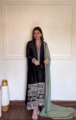 Black Color Glass Fabric Thread Work Suit