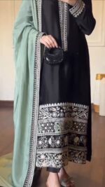 Black Color Glass Fabric Thread Work Suit