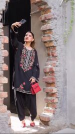 Black Color Rayon Fabric Thread Work Farshi Style Suit