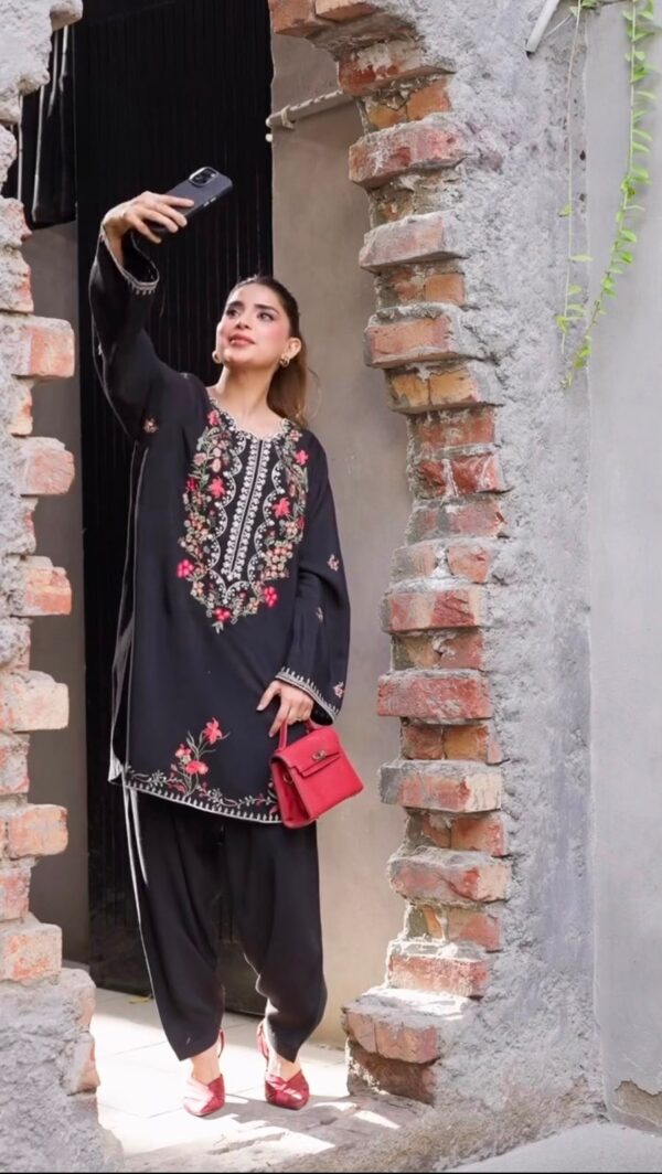 Black Color Rayon Fabric Thread Work Farshi Style Suit