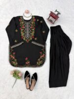 Black Color Rayon Fabric Thread Work Farshi Style Suit