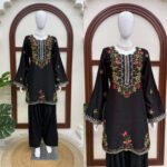 Black Color Rayon Fabric Thread Work Farshi Style Suit
