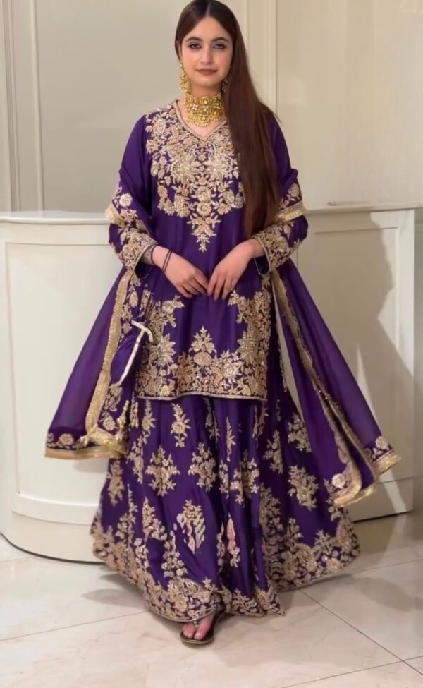 Blue Color Chinon Silk Fabric Thread With Sequence Work Palazzo Suit