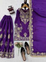 Blue Color Chinon Silk Fabric Thread With Sequence Work Palazzo Suit