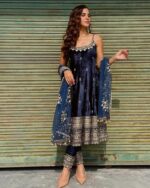 Blue Color Vichitra Silk Fabric Coding Embroidery Sequence With Jari Work Gown