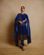 Bollywood Actress Janhvi Kapoor Dark Blue Color Chinon Fabric Sequence Work Anarkali Suit