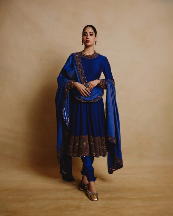 Bollywood Actress Janhvi Kapoor Dark Blue Color Chinon Fabric Sequence Work Anarkali Suit