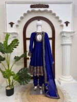 Bollywood Actress Janhvi Kapoor Dark Blue Color Chinon Fabric Sequence Work Anarkali Suit