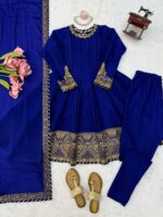 Bollywood Actress Janhvi Kapoor Dark Blue Color Chinon Fabric Sequence Work Anarkali Suit