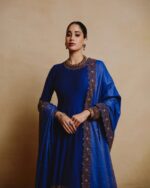 Bollywood Actress Janhvi Kapoor Dark Blue Color Chinon Fabric Sequence Work Anarkali Suit