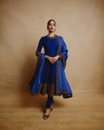 Bollywood Actress Janhvi Kapoor Dark Blue Color Chinon Fabric Sequence Work Anarkali Suit