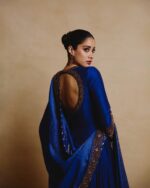 Bollywood Actress Janhvi Kapoor Dark Blue Color Chinon Fabric Sequence Work Anarkali Suit