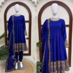 Bollywood Actress Janhvi Kapoor Dark Blue Color Chinon Fabric Sequence Work Anarkali Suit