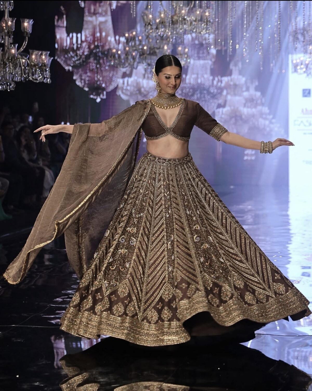 Bollywood Actress Tara Sutaria Brown Color Thai Silk Fabric Thread With Sequence Work Lehenga