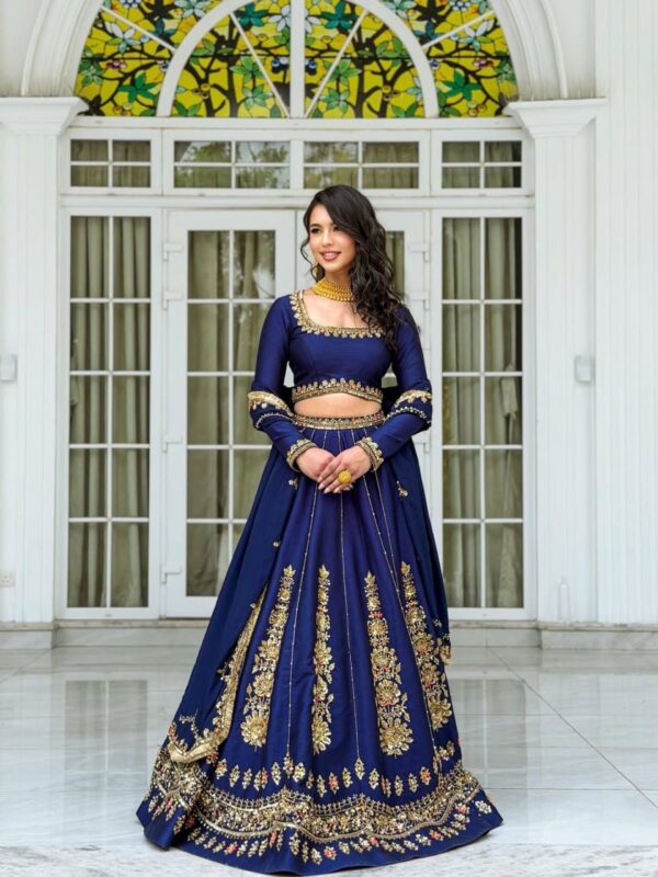 Dark Blue Color Chinon Fabric Thread With Sequence Work Lehenga