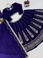 Dark Blue Color Chinon Fabric Thread With Sequence Work Lehenga