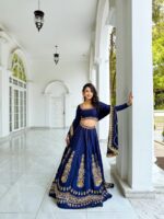 Dark Blue Color Chinon Fabric Thread With Sequence Work Lehenga