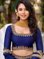 Dark Blue Color Chinon Fabric Thread With Sequence Work Lehenga