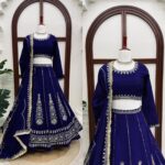 Dark Blue Color Chinon Fabric Thread With Sequence Work Lehenga