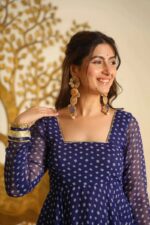 Dark Blue Color Faux Georgette Fabric Digital Print Work Anarkali Suit