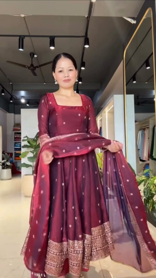 Dark Maroon Color Fendi Silk Fabric Thread With Sequence Work Gown
