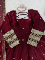 Dark Maroon Color Fendi Silk Fabric Thread With Sequence Work Gown
