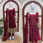 Dark Maroon Color Fendi Silk Fabric Thread With Sequence Work Gown