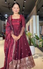 Dark Maroon Color Fendi Silk Fabric Thread With Sequence Work Gown
