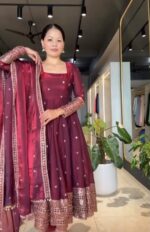 Dark Maroon Color Fendi Silk Fabric Thread With Sequence Work Gown