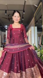 Dark Maroon Color Fendi Silk Fabric Thread With Sequence Work Gown