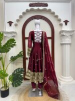 Dark Maroon Color Fendi Silk Fabric Thread With Sequence Work Gown