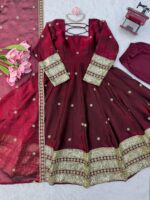 Dark Maroon Color Fendi Silk Fabric Thread With Sequence Work Gown