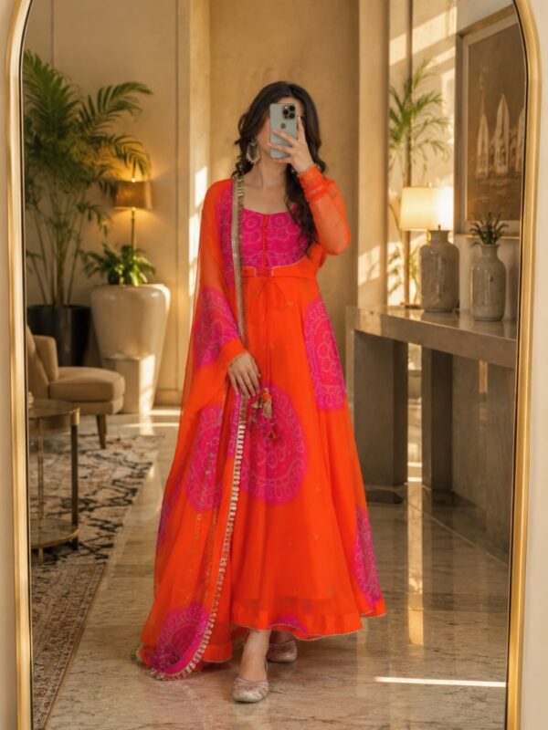 Fanta Color Faux Georgette Fabric Digital Print Work Anarkali Suit