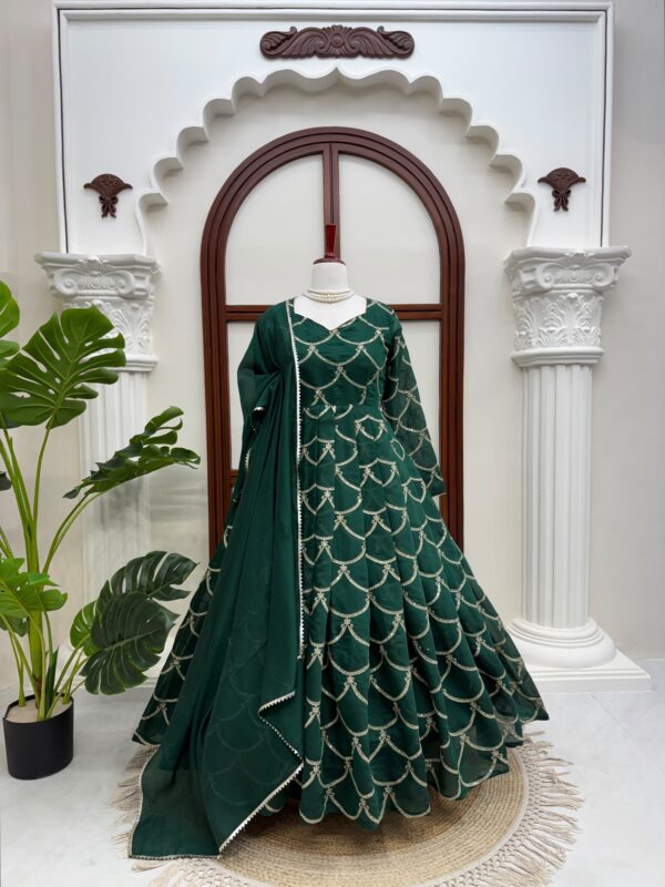 Green Color Mul Chanderi Fabric Thread With Sequence Work Gown