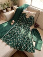 Green Color Mul Chanderi Fabric Thread With Sequence Work Gown