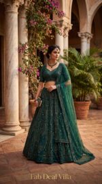 Green Color Net Fabric Thread With Sequence Work Lehenga