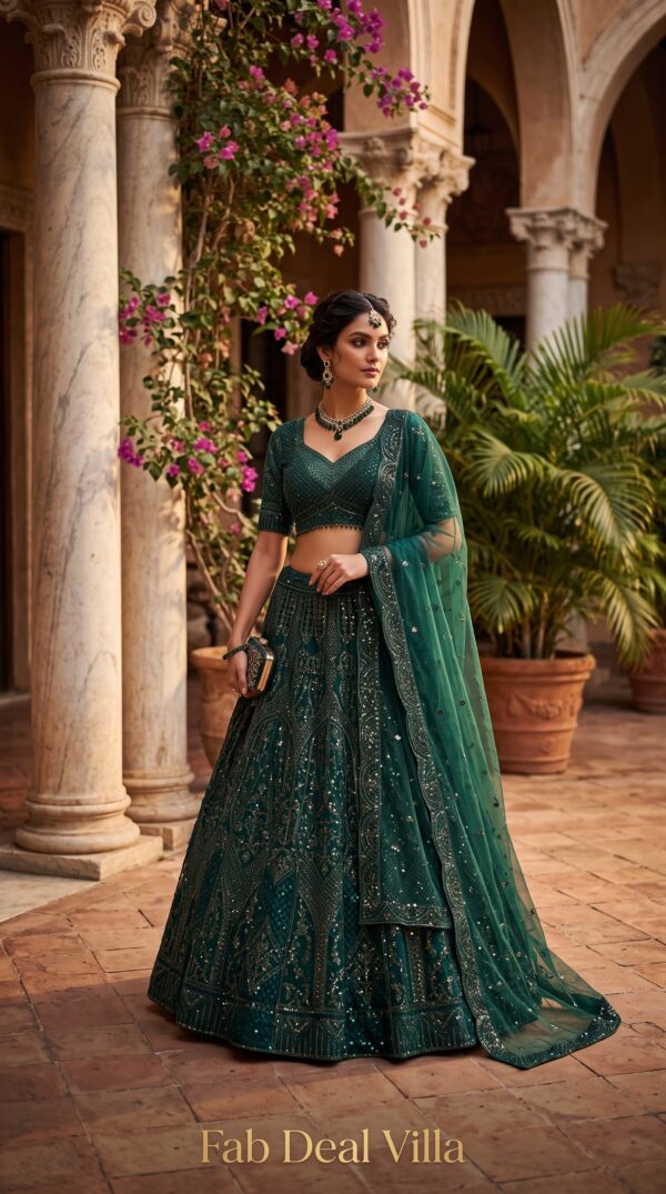 Green Color Net Fabric Thread With Sequence Work Lehenga