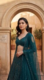Green Color Net Fabric Thread With Sequence Work Lehenga