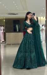 Green Color Net Fabric Thread With Sequence Work Lehenga