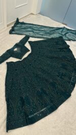 Green Color Net Fabric Thread With Sequence Work Lehenga